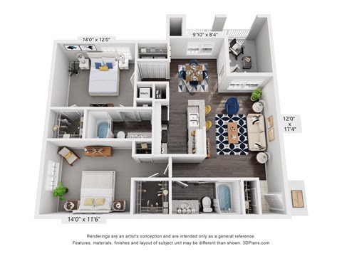 Floor plan for 2 beds, 2 baths, 1305 sqft